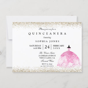 Invitation Robe rose Parties scintillant or Quinceanera invit