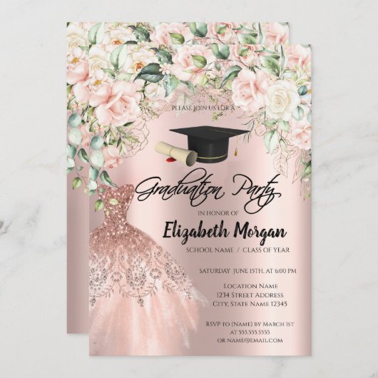 Invitation Robe rose Parties scintillant or Rose Grad Casquet (Devant / Derrière)