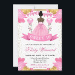 Invitation Robe rose Peau foncée Princesse Douce 16<br><div class="desc">Elégante aquarelle couleur peau foncée princesse dans le design robe rose avec fleurs rose et or,  ballons et confettis parties scintillant or.</div>