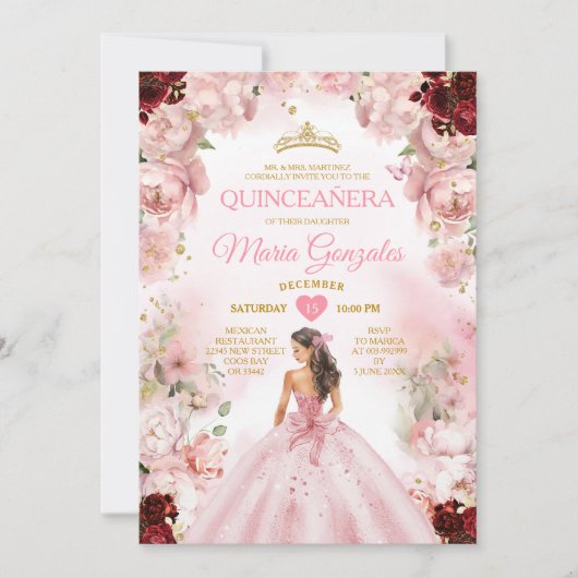 Invitation Robe rose princesse Bourgogne Floral Quinceañera (Devant)