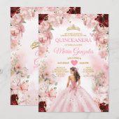 Invitation Robe rose princesse Bourgogne Floral Quinceañera (Devant / Derrière)
