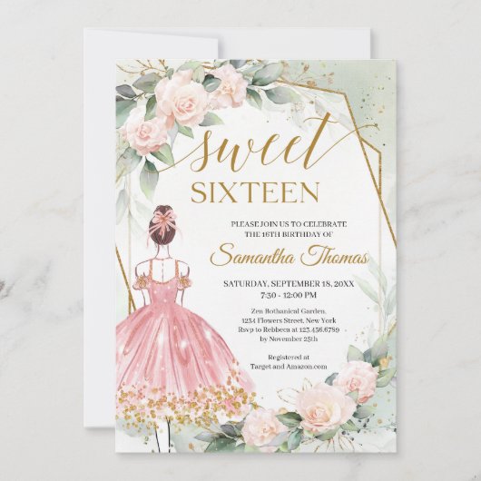 Invitation Robe rose princesse roses et or eucalyptus (Devant)