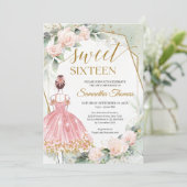 Invitation Robe rose princesse roses et or eucalyptus (Debout devant)