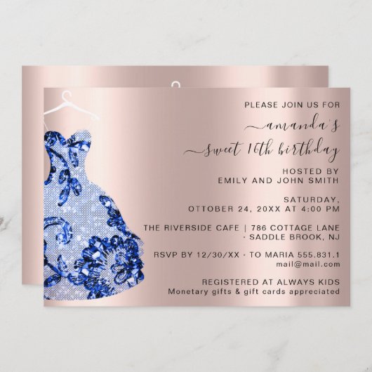 Invitation Robe Rose princesse Royale Douce 16e Marine Bleue (Devant / Derrière)