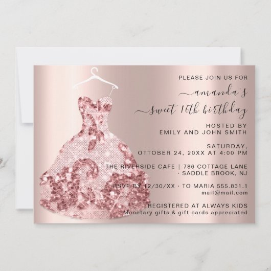 Invitation Robe Rose princesse Royale Douce 16e Quinceañera (Devant)