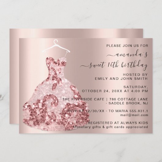 Invitation Robe Rose princesse Royale Douce 16e Quinceañera (Devant / Derrière)