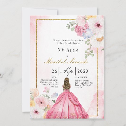 Invitation Robe rose quinceañera (Devant)