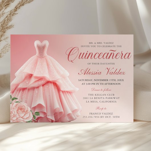 Invitation Robe rose Quinceanera Argent Floral