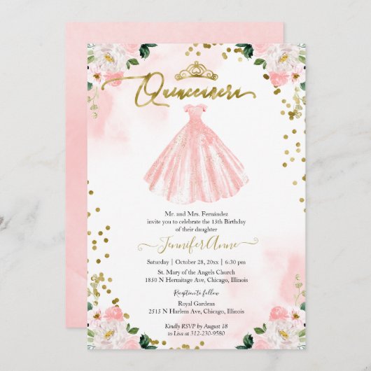 Invitation Robe rose Quinceanera Blush (Devant / Derrière)