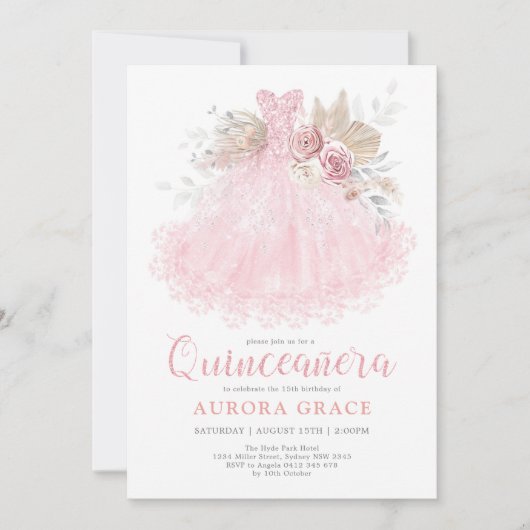 Invitation Robe rose Quinceañera Mis Quince 15 Años (Devant)