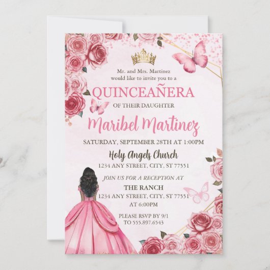Invitation Robe rose Quinceanera Papillon floral (Devant)