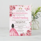 Invitation Robe rose Quinceanera Papillon floral (Debout devant)