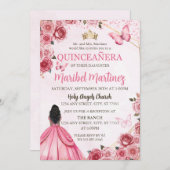 Invitation Robe rose Quinceanera Papillon floral (Devant / Derrière)
