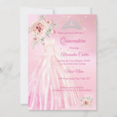 Invitation Robe rose Quinceanera Tiara Floral fête d'annivers (Devant)