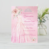 Invitation Robe rose Quinceanera Tiara Floral fête d'annivers (Debout devant)