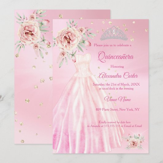 Invitation Robe rose Quinceanera Tiara Floral fête d'annivers (Devant / Derrière)