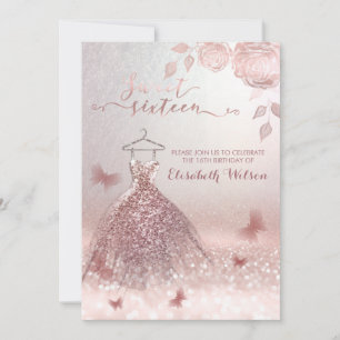 Invitation Robe Rose romantique or glitrobe roses Invitati