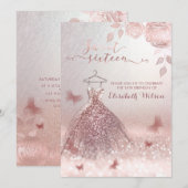 Invitation Robe Rose romantique or glitrobe roses Invitati (Devant / Derrière)