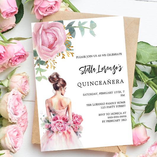 Invitation Robe rose rose à fleurs Quinceanera
