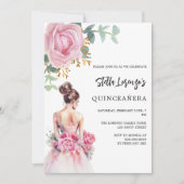 Invitation Robe rose rose à fleurs Quinceanera (Devant)