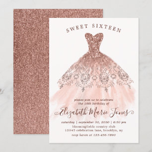 Invitation Robe rose rose or étincelle Douce 16e anniversaire