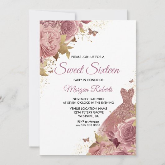 Invitation Robe Rose rose pâle Robe Douce 16 Partie (Devant)