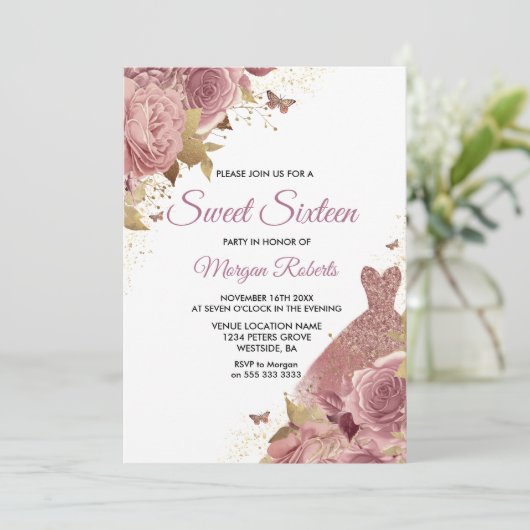 Invitation Robe Rose rose pâle Robe Douce 16 Partie (Debout devant)