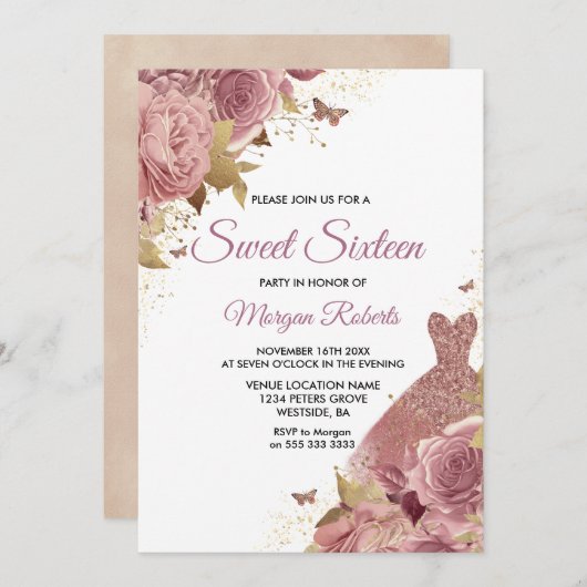 Invitation Robe Rose rose pâle Robe Douce 16 Partie (Devant / Derrière)