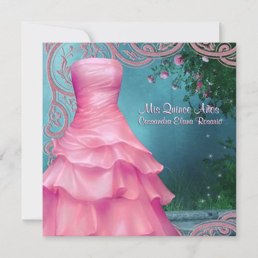 Invitation Robe rose Turquoise Roses rose Quinceanera (Devant)