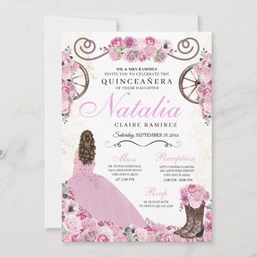 Invitation Robe rose vif Ranchero Princesse Quinceanera (Devant)