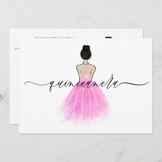 Invitation Robe rose vif Script Quinceanera Party (Devant / Derrière)