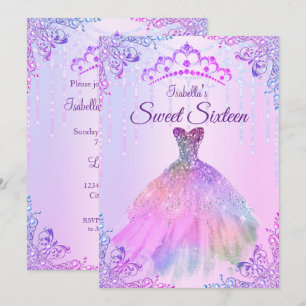 Invitation Robe rose violet lilas argent perle pour Sweet 16