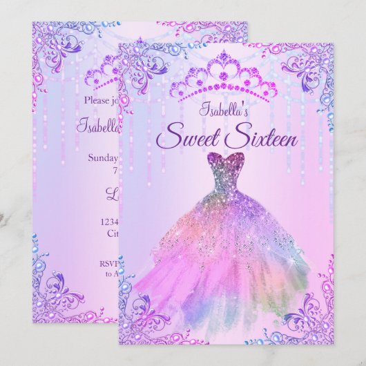 Invitation Robe rose violet lilas argent perle Sweet 16 (Devant / Derrière)
