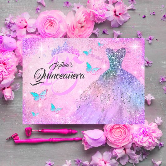 Invitation Robe rose violet Turquoise étincelle Quinceanera