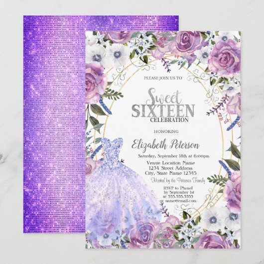 Invitation Robe Roses Violettes Sequins Sweet 16  (Devant / Derrière)