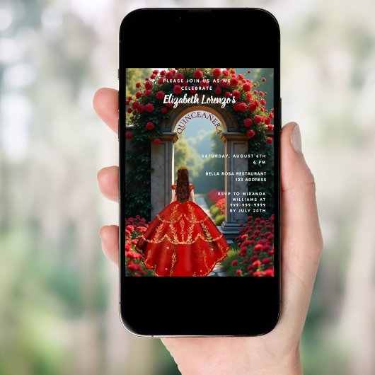 Invitation Robe rouge arche rose Quinceanera