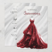 Invitation Robe rouge argenté Quinceañera Quince (Devant / Derrière)