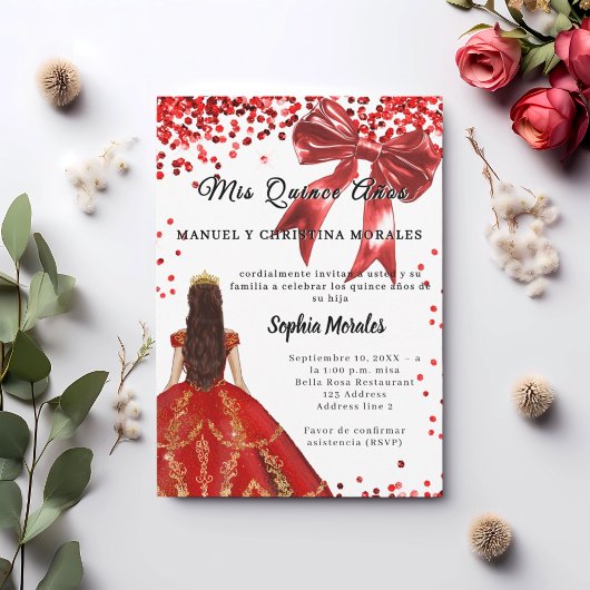 Invitation Robe rouge blanche Quinze ans avec noeud