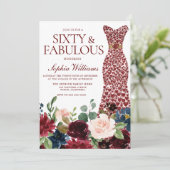 Invitation Robe rouge Bourgogne Aquarelle Florale 60e anniver (Debout devant)