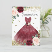 Invitation Robe rouge Bourgogne Blush Floral Quinceanera (Debout devant)