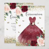 Invitation Robe rouge Bourgogne Blush Floral Quinceanera (Devant / Derrière)