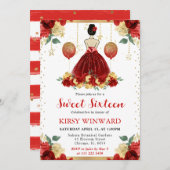 Invitation Robe rouge Brunette Cheveux Princesse Sweet 16 (Devant / Derrière)