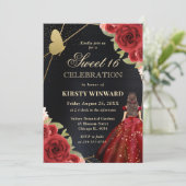 Invitation Robe Rouge Brunette Femme Fleurs Douce 16 (Debout devant)