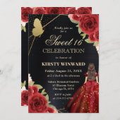 Invitation Robe Rouge Brunette Femme Fleurs Douce 16 (Devant / Derrière)