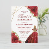 Invitation Robe Rouge Brunette Femme Fleurs Douce 16 (Debout devant)