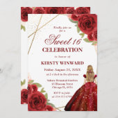 Invitation Robe Rouge Brunette Femme Fleurs Douce 16 (Devant / Derrière)