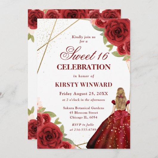 Invitation Robe Rouge Brunette Femme Fleurs Douce 16 (Devant / Derrière)
