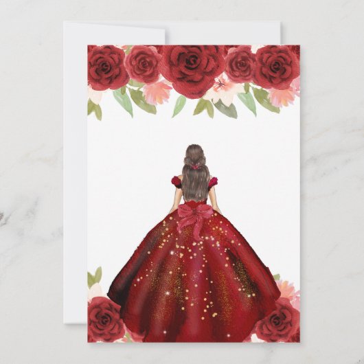 Invitation Robe Rouge Brunette Femme Fleurs Douce 16 (Dos)