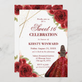 Invitation Robe Rouge Brunette Femme Fleurs Douce 16 (Devant / Derrière)