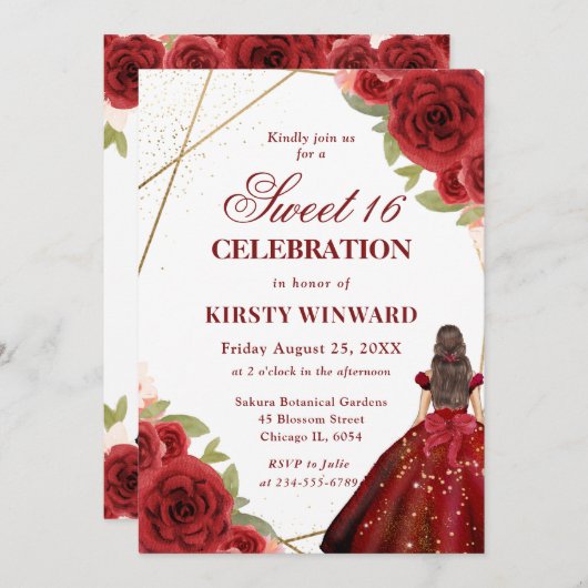 Invitation Robe Rouge Brunette Femme Fleurs Douce 16 (Devant / Derrière)